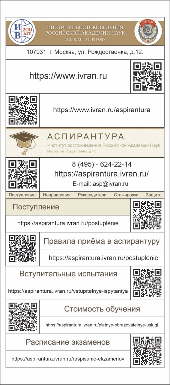 Куар - коды аспирантуры ИВ РАН